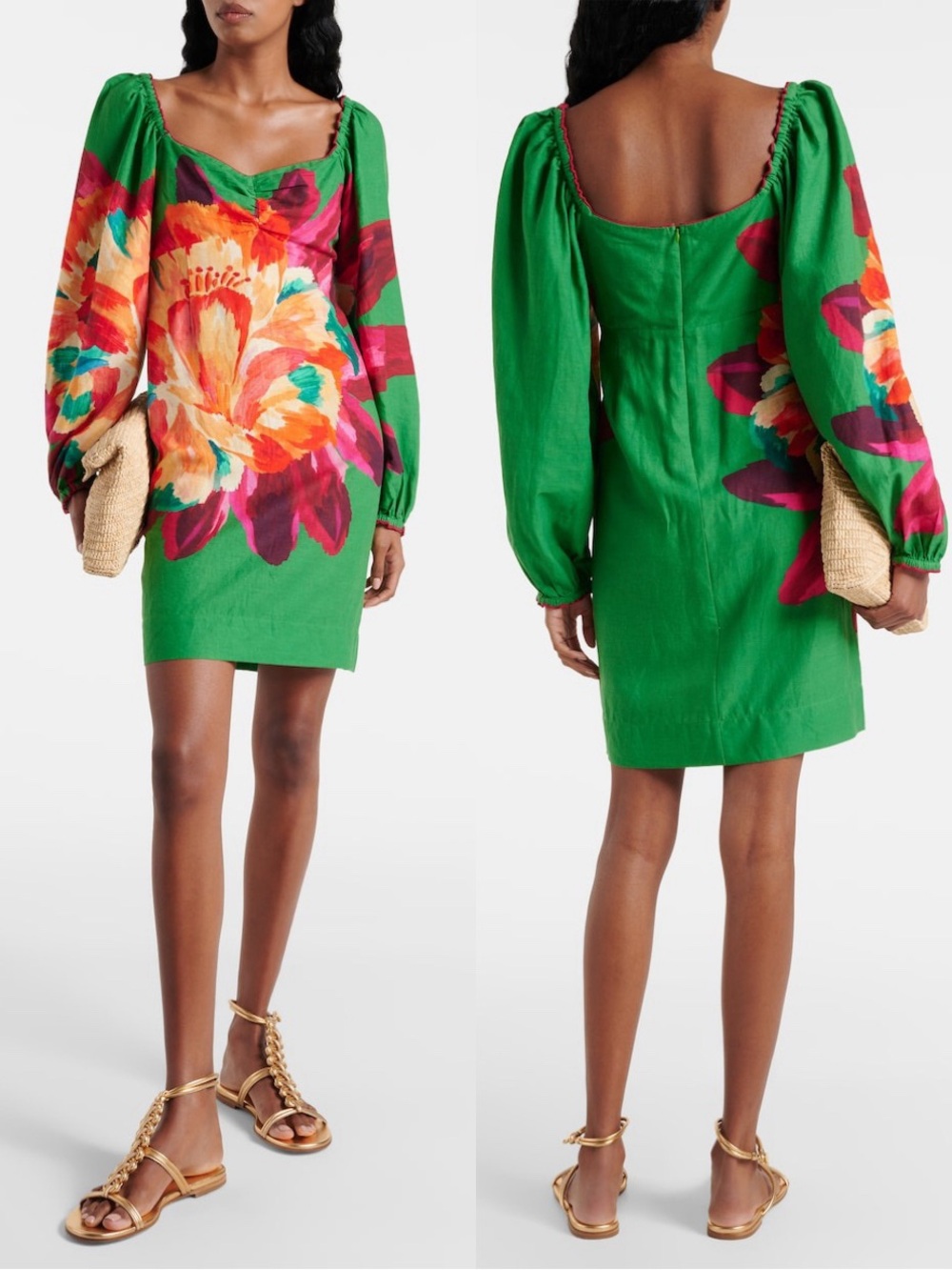 FARM Rio Green Tropicart Mini Dress Linen Blend Tropical Floral Women XS NWT